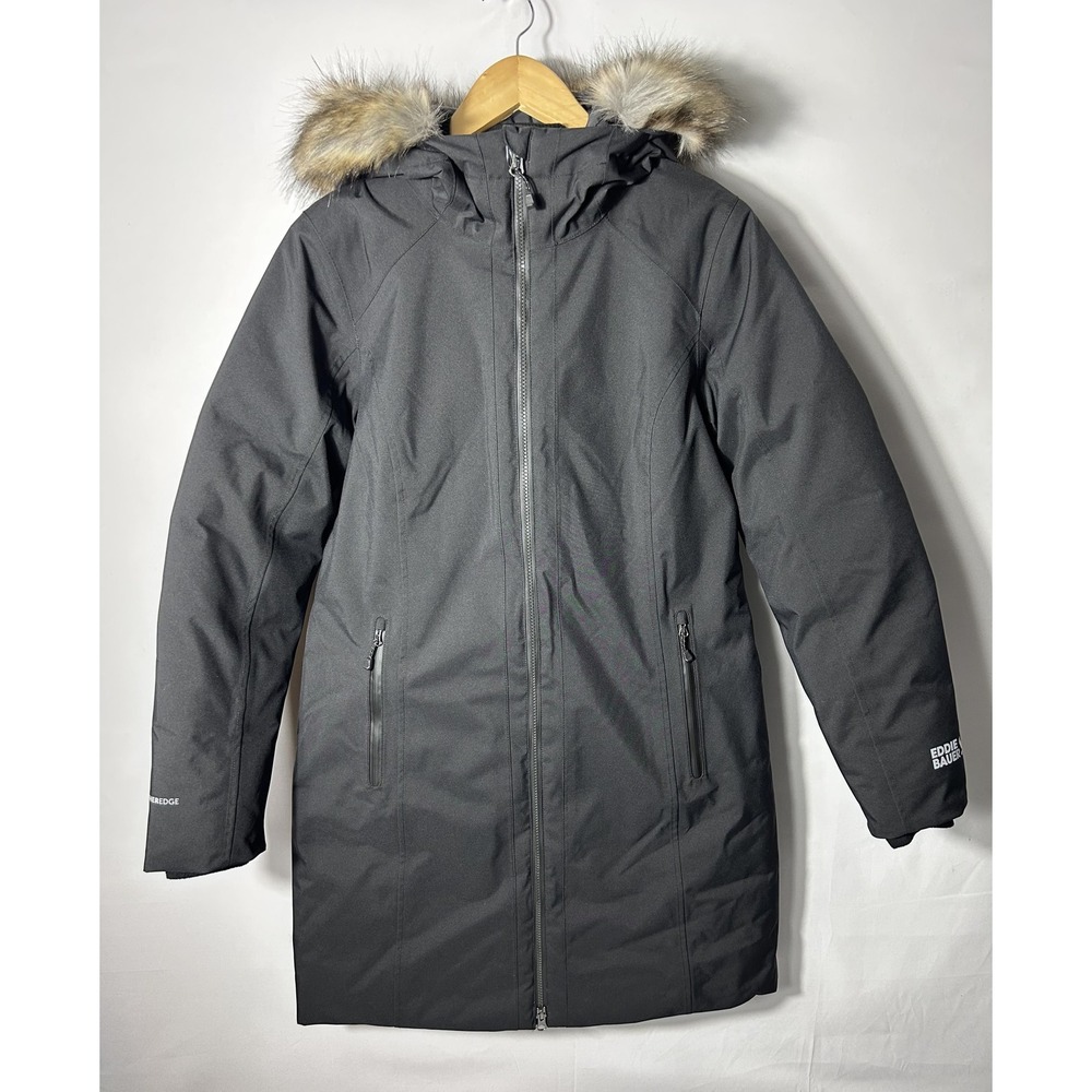 Eddie Bauer Down Parka Coat Womens M Black WeatherEdge 650 Fill Hooded Faux Fur